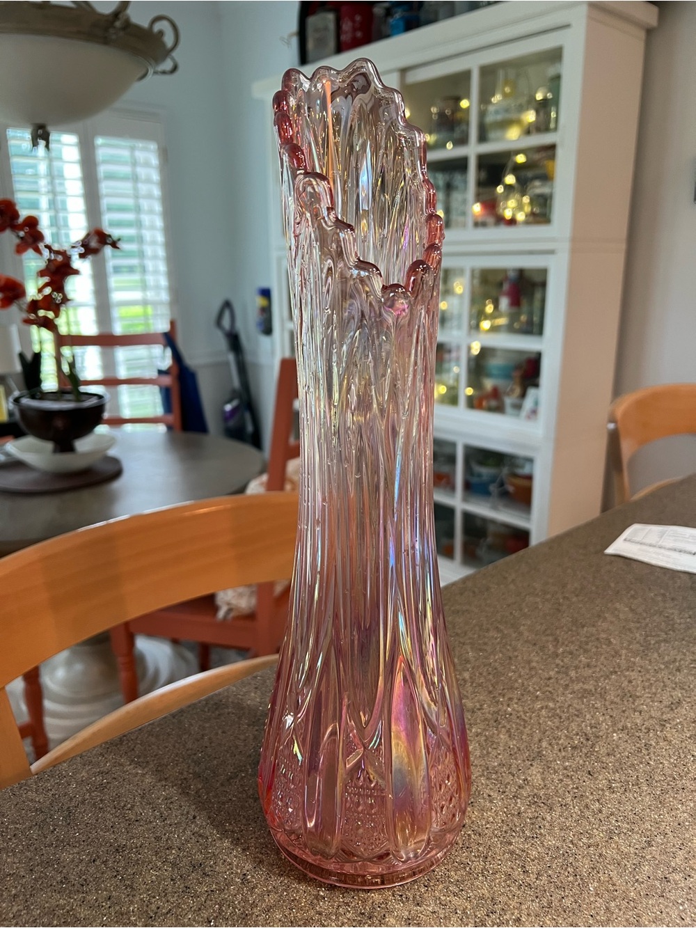 Pink Iridescent Glass Bud Vase     Swung vase
